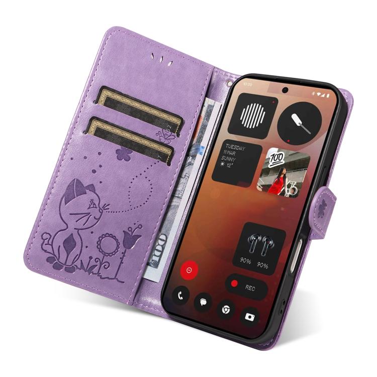 For Nothing Phone 3A Pro Cat and Bee Embossed Flip Leather Phone Case