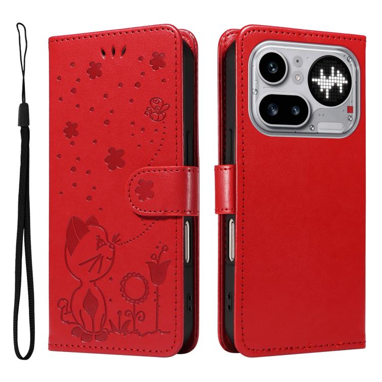 For Nothing Phone 4a Pro Cat and Bee Embossed Flip Leather Phone Case