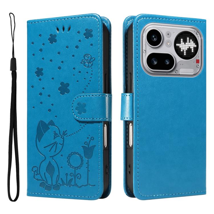 For Nothing Phone 4a Pro Cat and Bee Embossed Flip Leather Phone Case