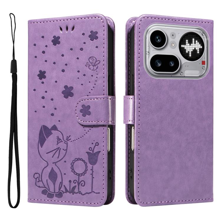 For Nothing Phone 4a Pro Cat and Bee Embossed Flip Leather Phone Case