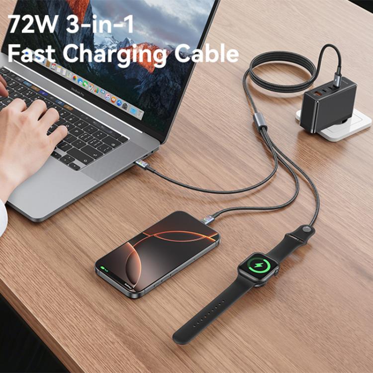 USAMS SJ754 72W 3 in 1 Colorful Light Aluminum Alloy Fast Data Charging Cable, Length: 1.2m - Gun Color
