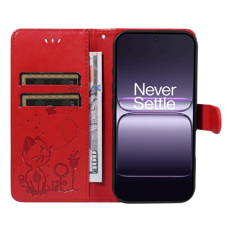 For OnePlus Nord CE5 Cat and Bee Embossed Flip Leather Phone Case