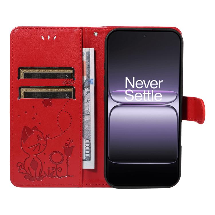 For OnePlus ACE 5 Ultra Cat and Bee Embossed Flip Leather Phone Case