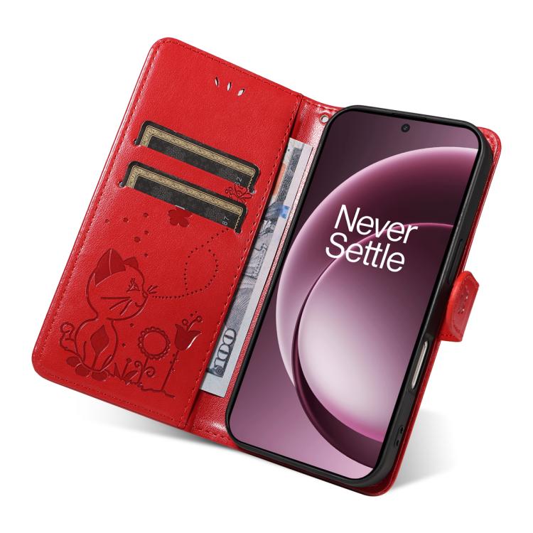 For OnePlus 15 Cat and Bee Embossed Flip Leather Phone Case