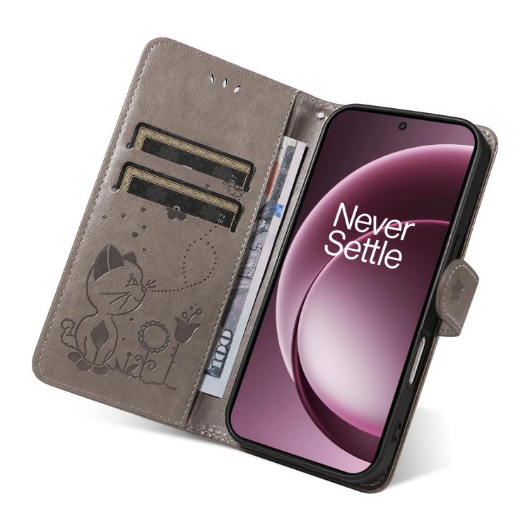For OnePlus 15 Cat and Bee Embossed Flip Leather Phone Case