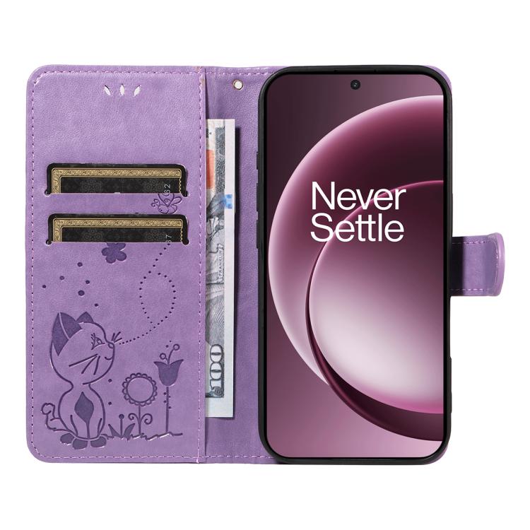 For OnePlus 15 Cat and Bee Embossed Flip Leather Phone Case