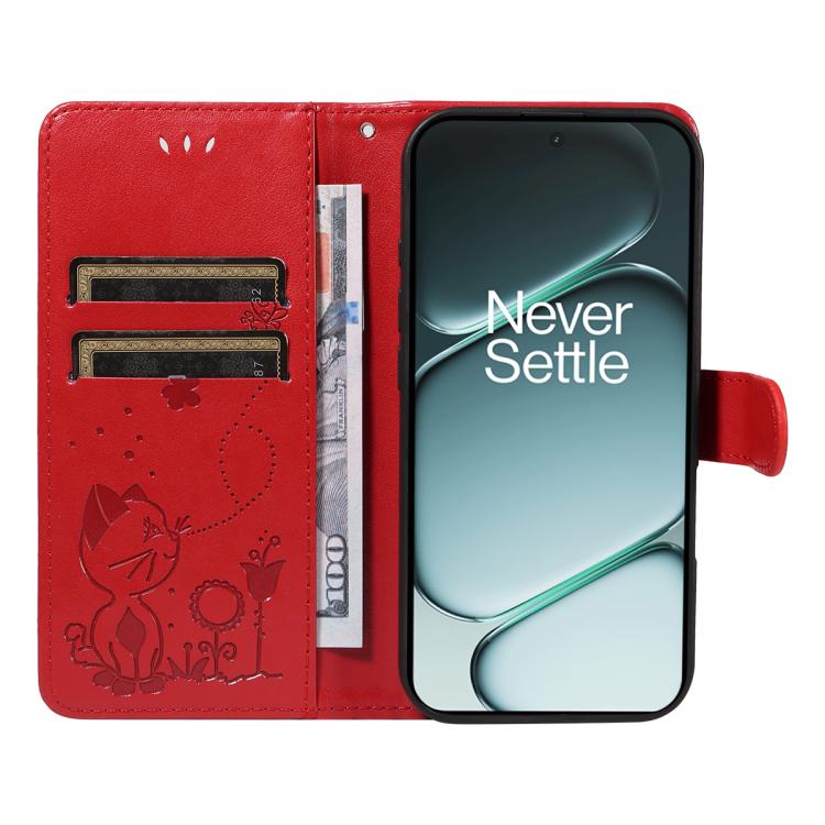 For OnePlus Ace 6 Cat and Bee Embossed Flip Leather Phone Case