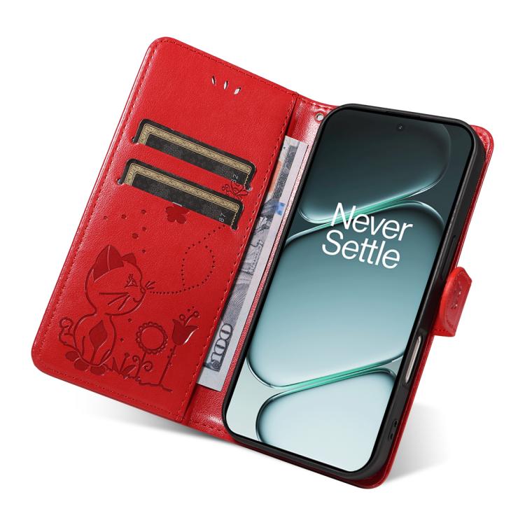 For OnePlus Ace 6 Cat and Bee Embossed Flip Leather Phone Case