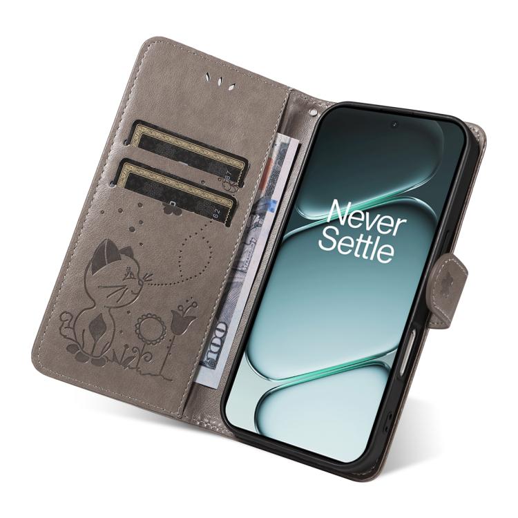 For OnePlus Ace 6 Cat and Bee Embossed Flip Leather Phone Case