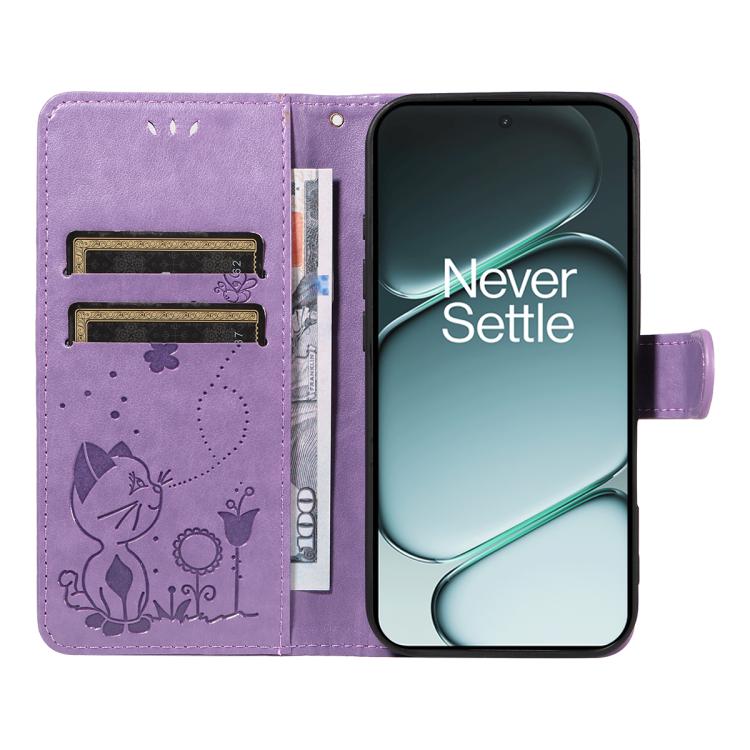 For OnePlus Ace 6 Cat and Bee Embossed Flip Leather Phone Case