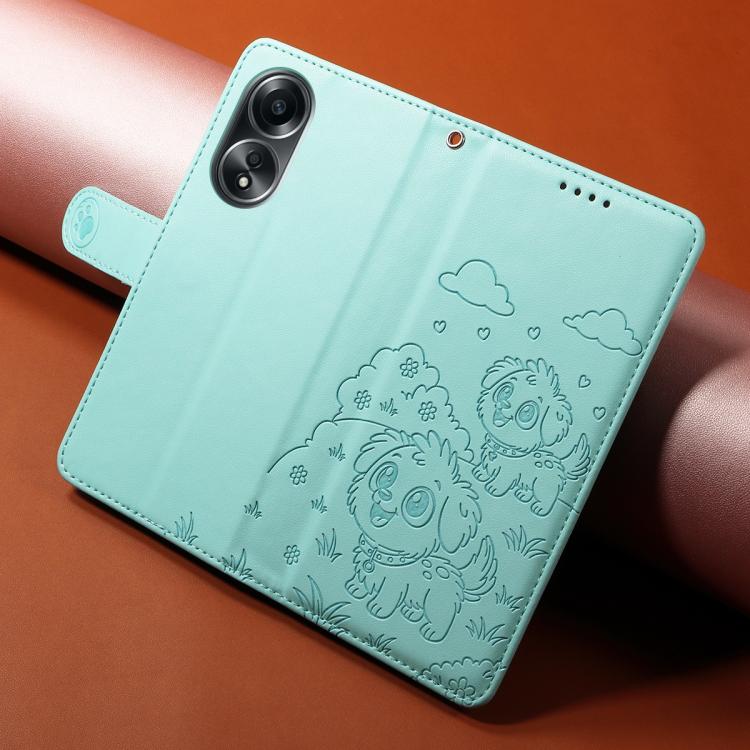 For OPPO A58 4G Embossed Heart Dog RFID Blocking Wallet Leather Phone Case