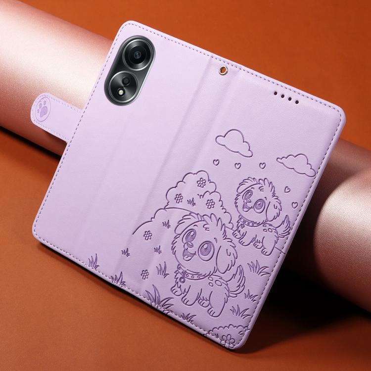For OPPO A58 4G Embossed Heart Dog RFID Blocking Wallet Leather Phone Case