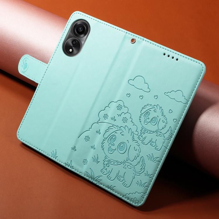 For OPPO A78 4G Embossed Heart Dog RFID Blocking Wallet Leather Phone Case