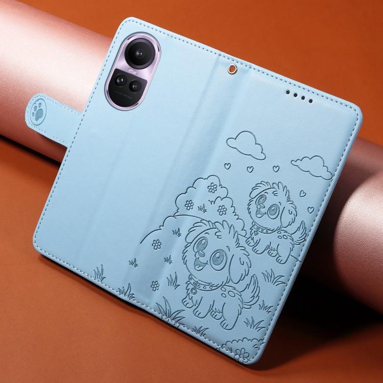 For OPPO Reno10 5G / Pro 5G Global Embossed Heart Dog RFID Blocking Wallet Leather Phone Case