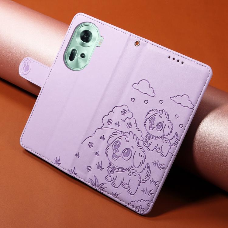 For OPPO Reno11 5G Global Embossed Heart Dog RFID Blocking Wallet Leather Phone Case