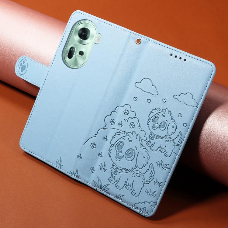 For OPPO Reno11 5G Global Embossed Heart Dog RFID Blocking Wallet Leather Phone Case