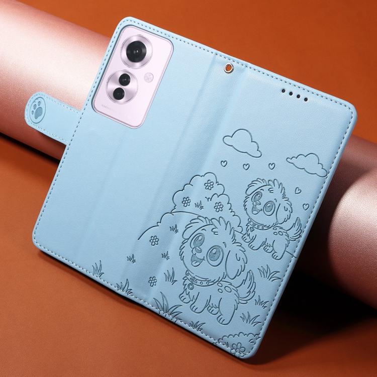For OPPO Reno11 F / F25 Pro Embossed Heart Dog RFID Blocking Wallet Leather Phone Case