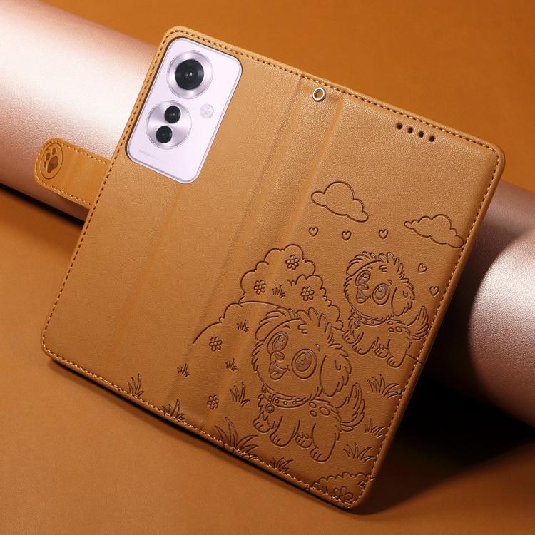 For OPPO Reno11 F / F25 Pro Embossed Heart Dog RFID Blocking Wallet Leather Phone Case