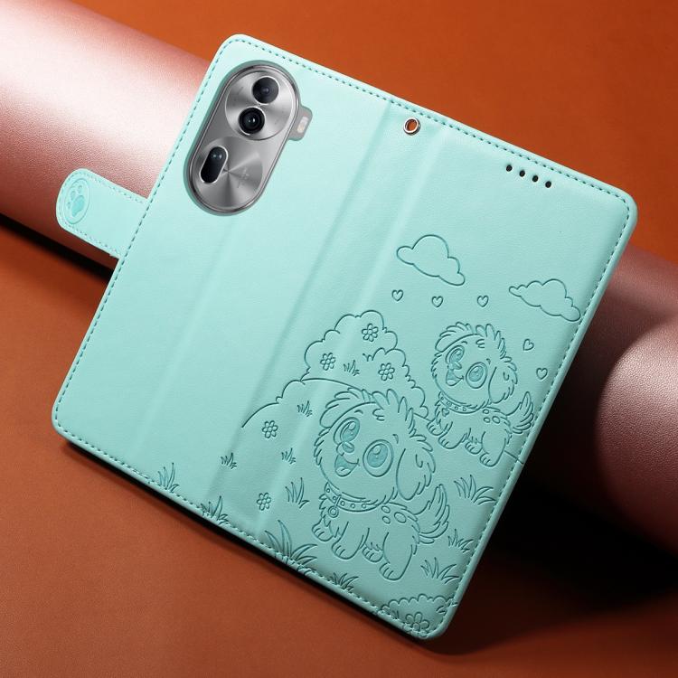 For OPPO Reno11 Pro Global Embossed Heart Dog RFID Blocking Wallet Leather Phone Case