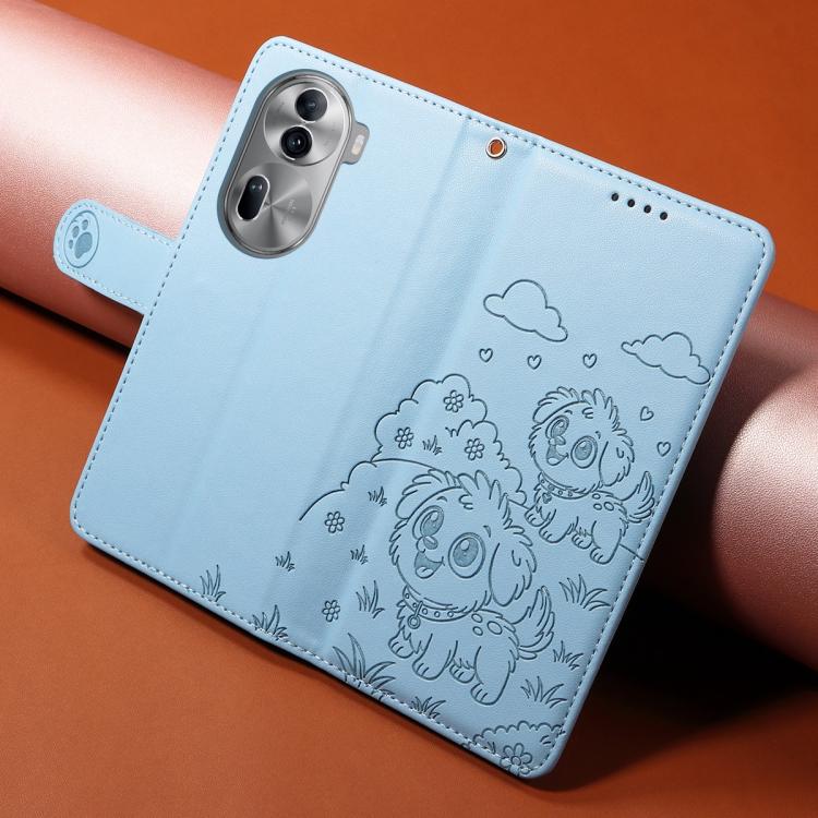 For OPPO Reno11 Pro Global Embossed Heart Dog RFID Blocking Wallet Leather Phone Case