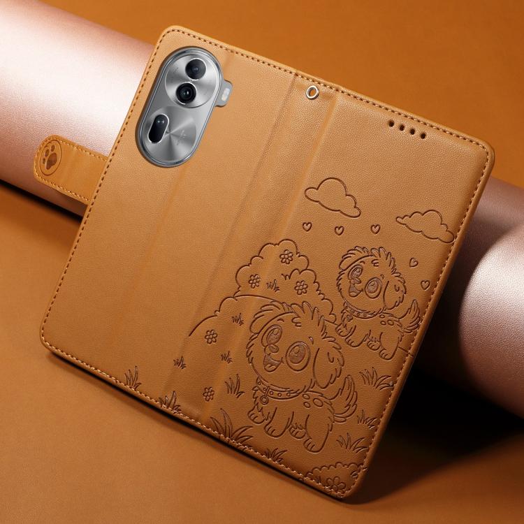 For OPPO Reno11 Pro Global Embossed Heart Dog RFID Blocking Wallet Leather Phone Case