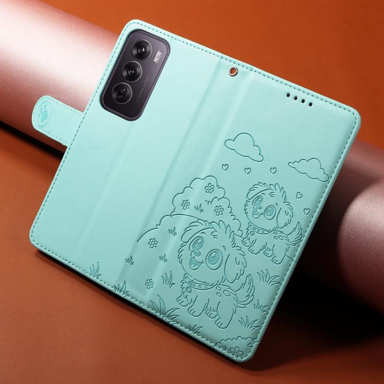 For OPPO Reno12 Global Embossed Heart Dog RFID Blocking Wallet Leather Phone Case