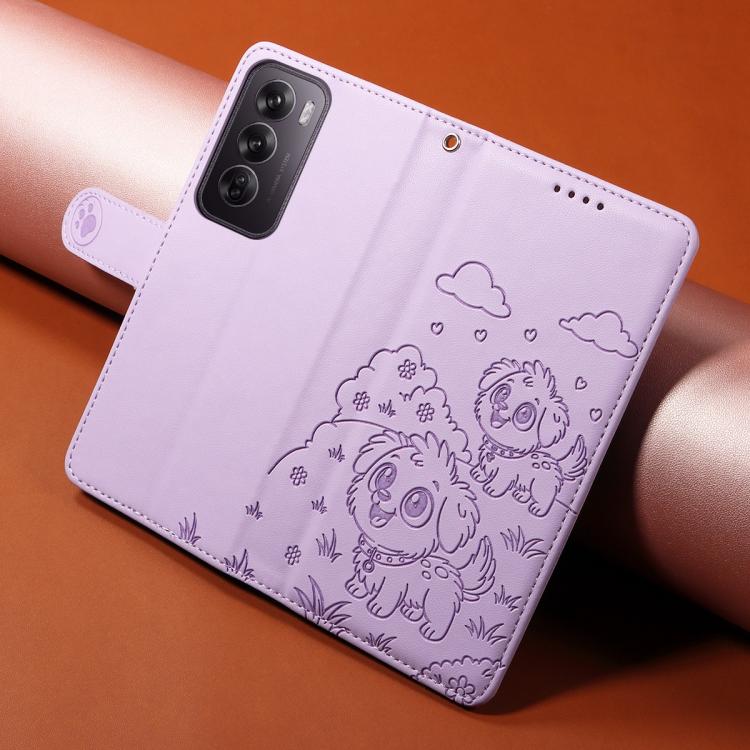 For OPPO Reno12 Global Embossed Heart Dog RFID Blocking Wallet Leather Phone Case