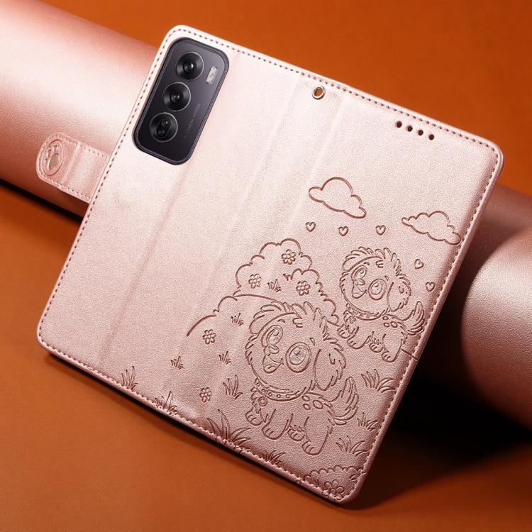 For OPPO Reno12 Global Embossed Heart Dog RFID Blocking Wallet Leather Phone Case