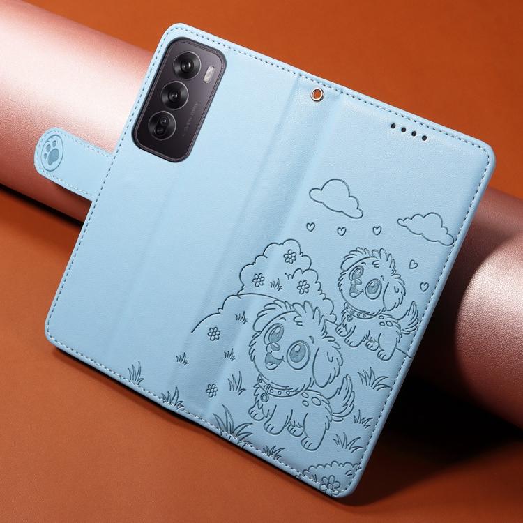 For OPPO Reno12 Global Embossed Heart Dog RFID Blocking Wallet Leather Phone Case