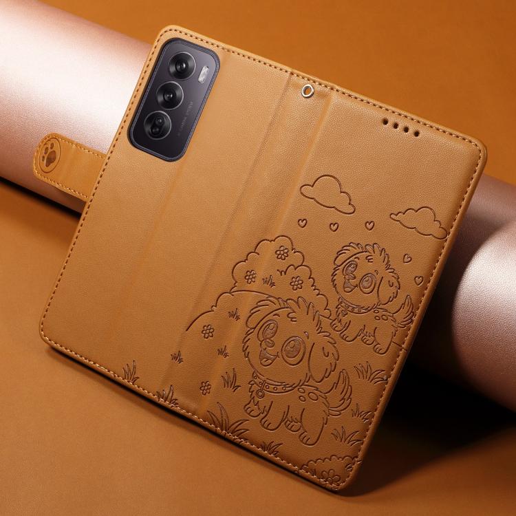 For OPPO Reno12 Global Embossed Heart Dog RFID Blocking Wallet Leather Phone Case