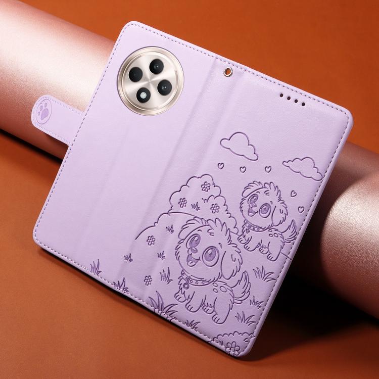 For OPPO Reno12 F 4G / 5G Global Embossed Heart Dog RFID Blocking Wallet Leather Phone Case