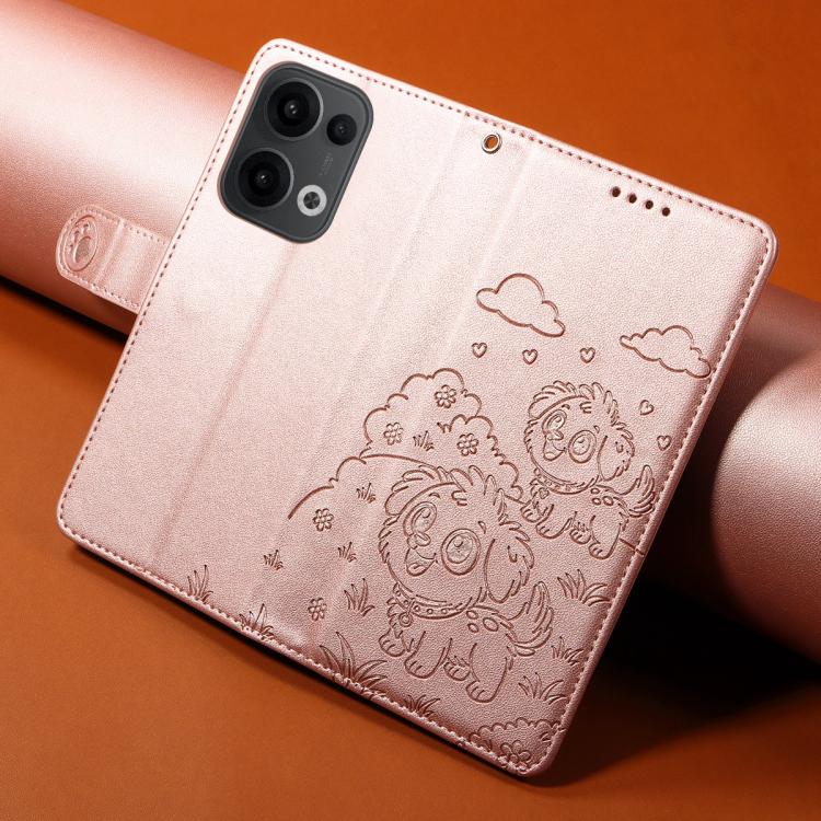 For OPPO Reno13 5G Global Embossed Heart Dog RFID Blocking Wallet Leather Phone Case