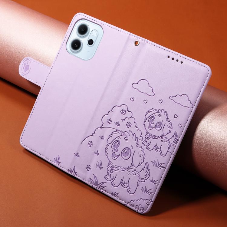 For OPPO Reno15 F Global Embossed Heart Dog RFID Blocking Wallet Leather Phone Case