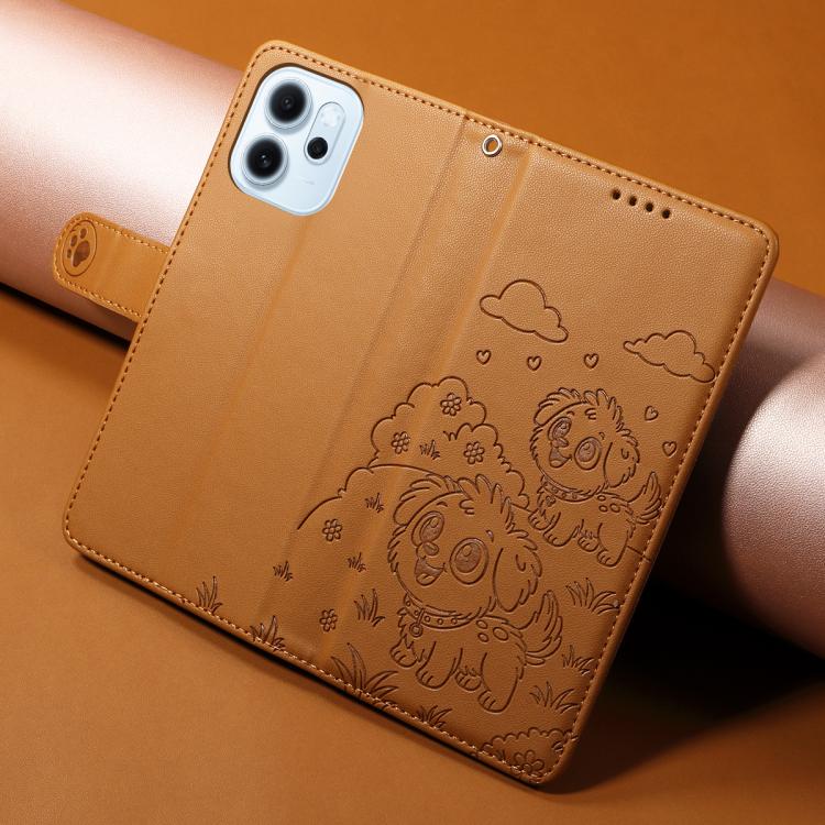 For OPPO Reno15 F Global Embossed Heart Dog RFID Blocking Wallet Leather Phone Case