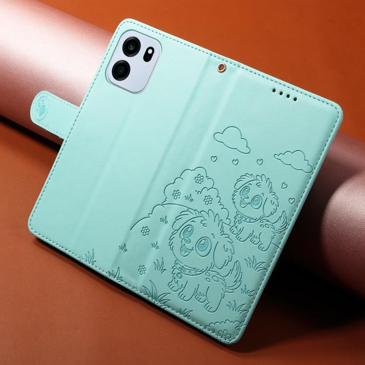 For OnePlus Turbo 6 / 6V 5G Embossed Heart Dog RFID Blocking Wallet Leather Phone Case