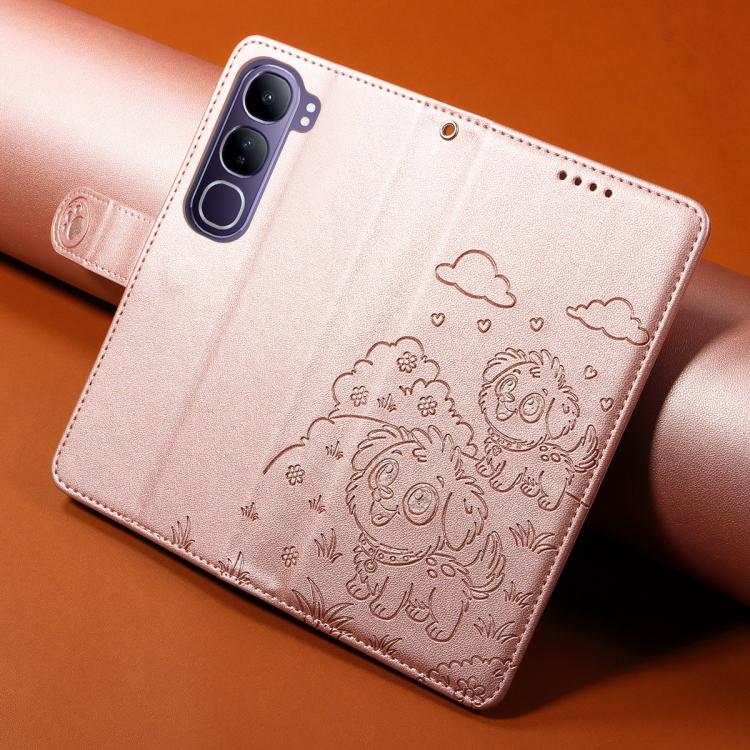For vivo V40 Lite IDN /  Y300 5G Embossed Heart Dog RFID Blocking Wallet Leather Phone Case