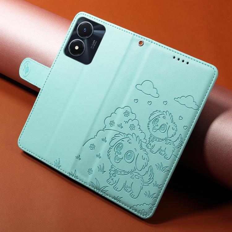For vivo Y02s / Y16 4G / Y35 5G / Y56 5G Embossed Heart Dog RFID Blocking Wallet Leather Phone Case