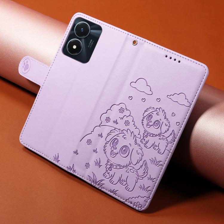 For vivo Y02s / Y16 4G / Y35 5G / Y56 5G Embossed Heart Dog RFID Blocking Wallet Leather Phone Case