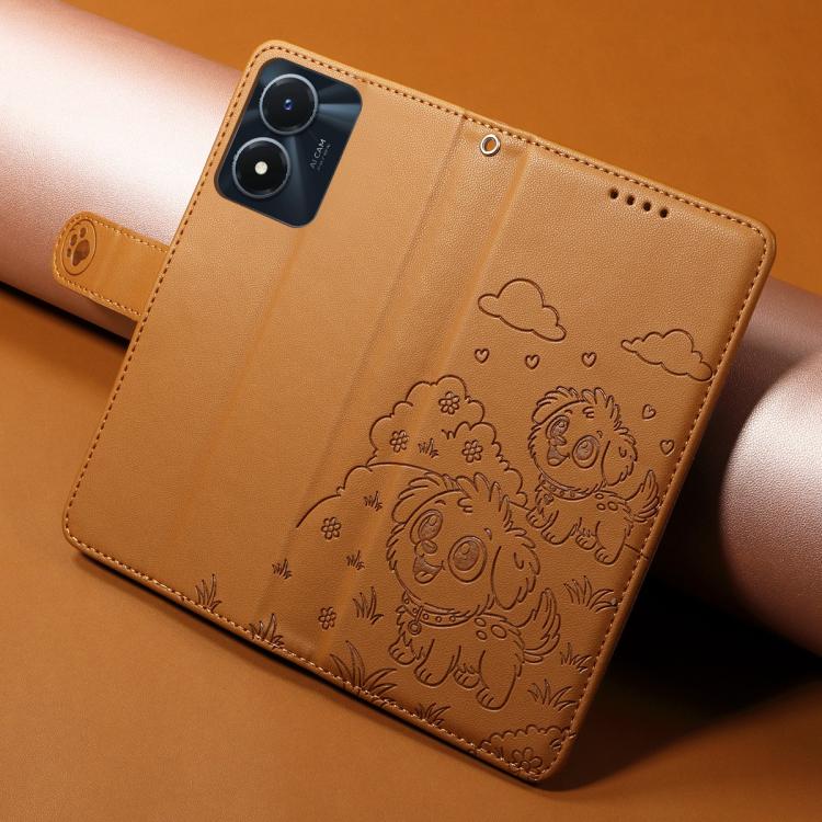 For vivo Y02s / Y16 4G / Y35 5G / Y56 5G Embossed Heart Dog RFID Blocking Wallet Leather Phone Case