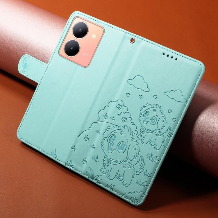For vivo Y36 4G / 5G / Y78M / Y27 5G Embossed Heart Dog RFID Blocking Wallet Leather Phone Case