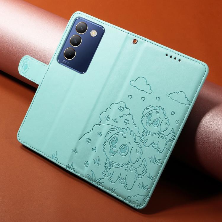 For vivo Y100 IDN / Y200e 5G / T3 5G Embossed Heart Dog RFID Blocking Wallet Leather Phone Case
