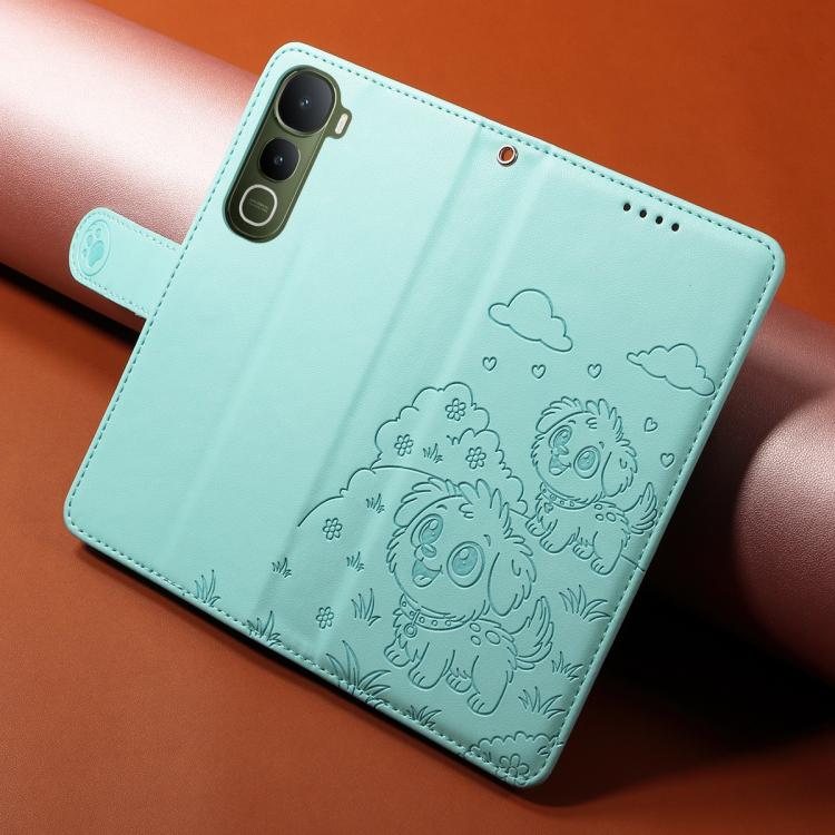 For vivo Y400 5G Global Embossed Heart Dog RFID Blocking Wallet Leather Phone Case