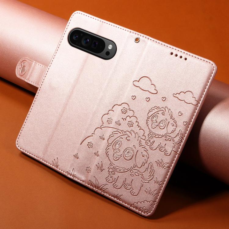 For Google Pixel 10 / 10 Pro / 9 / 9 Pro Embossed Heart Dog RFID Blocking Wallet Leather Phone Case