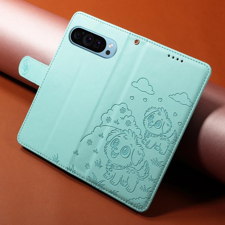 For Google Pixel 10 Pro XL / 9 Pro XL Embossed Heart Dog RFID Blocking Wallet Leather Phone Case