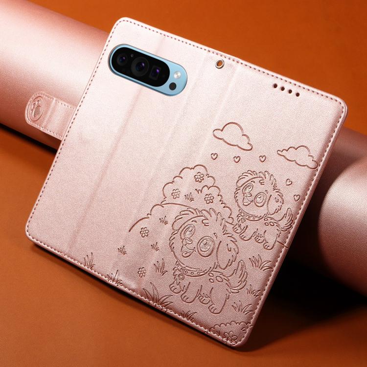 For Google Pixel 10 Pro XL / 9 Pro XL Embossed Heart Dog RFID Blocking Wallet Leather Phone Case