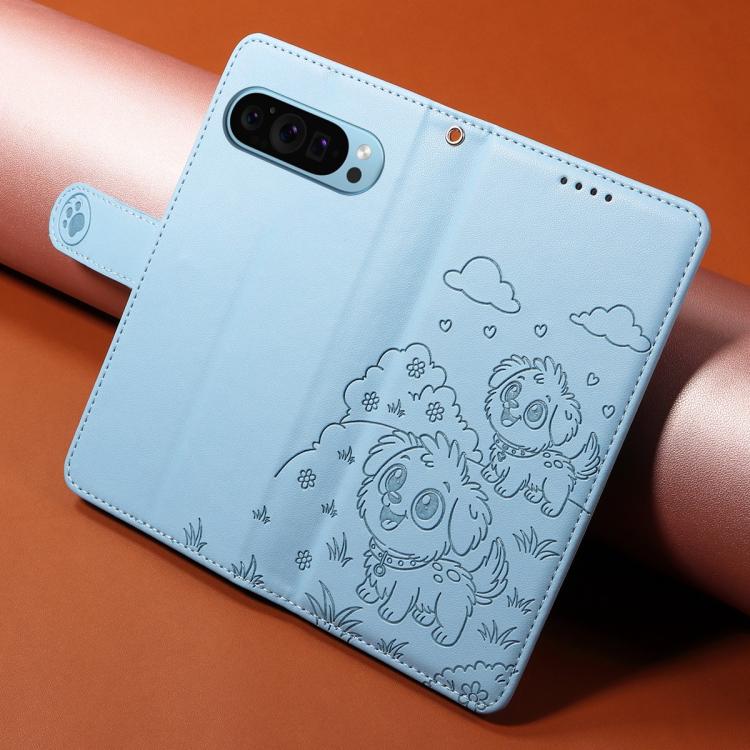 For Google Pixel 10 Pro XL / 9 Pro XL Embossed Heart Dog RFID Blocking Wallet Leather Phone Case