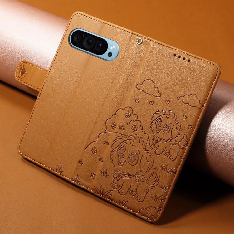 For Google Pixel 10 Pro XL / 9 Pro XL Embossed Heart Dog RFID Blocking Wallet Leather Phone Case