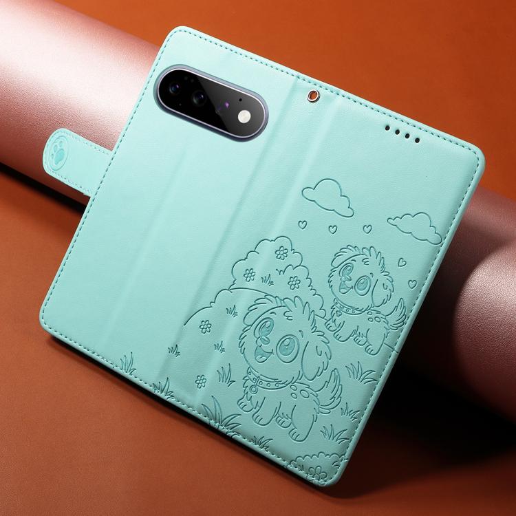 For Google Pixel 11 / 11 Pro Embossed Heart Dog RFID Blocking Wallet Leather Phone Case