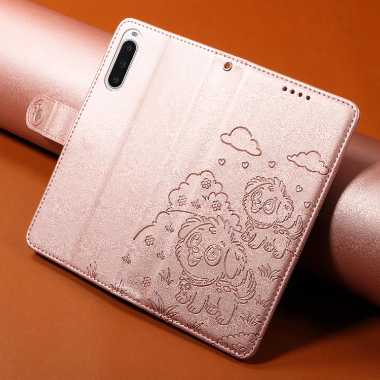For Sony Xperia 10 V 2023 Embossed Heart Dog RFID Blocking Wallet Leather Phone Case