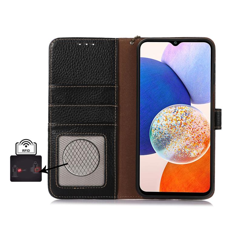 For iPhone 17 Pro Genuine Leather Litchi Texture RFID Leather Phone Case